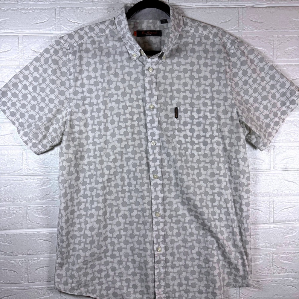 Ben Sherman Button Down Shirt Mens XL Grey White Geometric Short Sleeve Casual